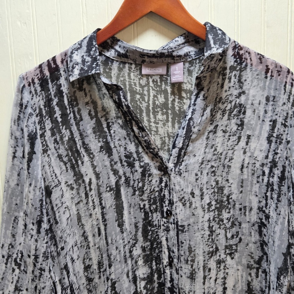 Chico's Blouse Womens 1 Gray Abstract Stripe 3/4 Sleeve Button Tunic Top